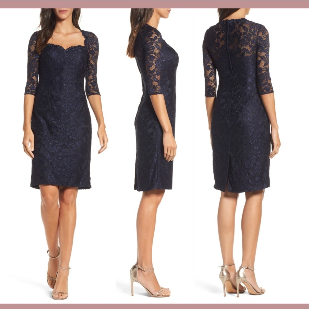 NEW $368 La Femme [ size 6 ] Embellished Lace‎ Cocktail Dress in Navy Blue